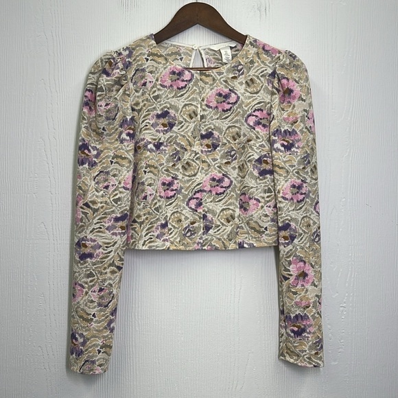 H&M - Purple & Pink Floral Cream Long Sleeve Crew Neck Crop Blouse Size Small - Picture 7 of 11